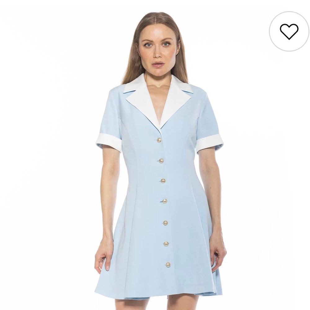 Pastel Blue Button Front Mini Dress with Contrast White Collar & Cuffs